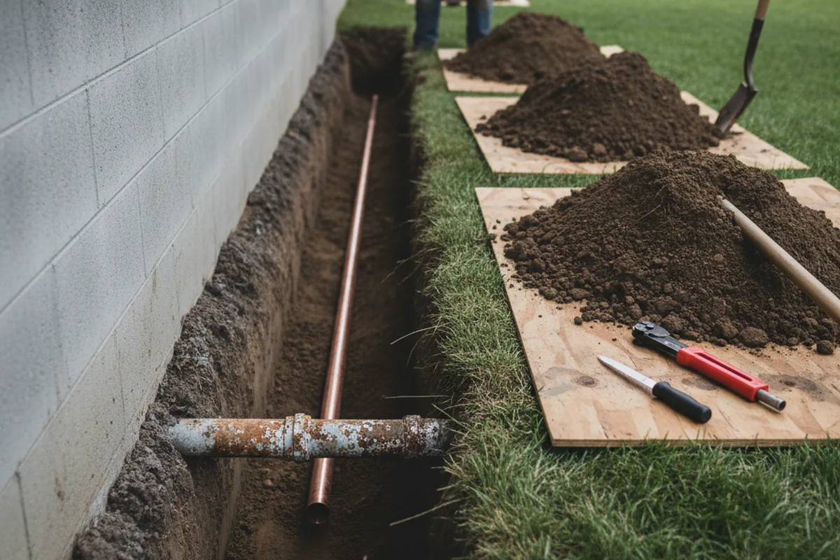 Excavated water line trench during Water Heater Repair in Riverside